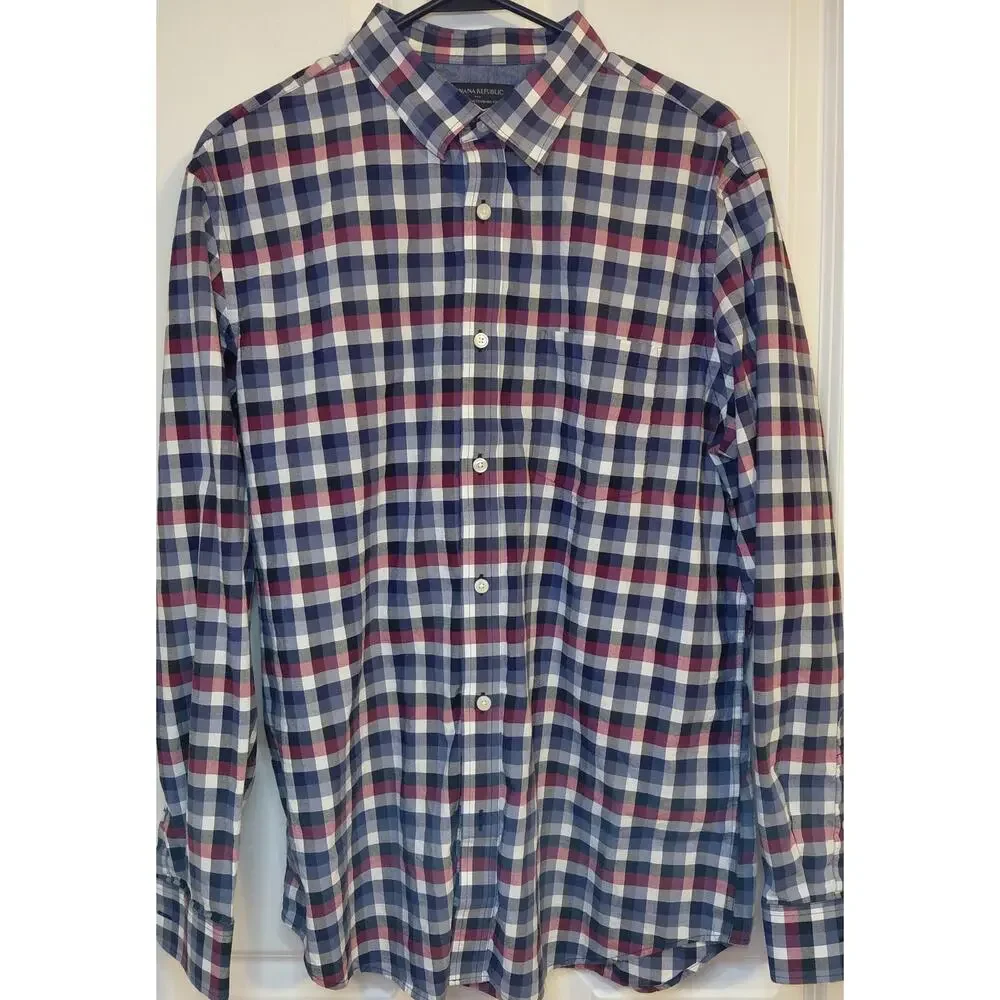 Banana Republic Soft Wash Standard Fit Plaid Button Up Shirt Mens L Blue Preppy